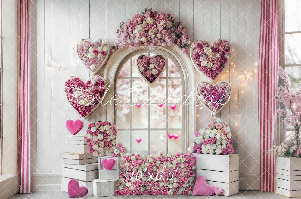 Kate Saint Valentin Rose Fenêtre Mur en Bois Toile de fond conçue par Mini MakeBelieve - Kate Backdrop FR