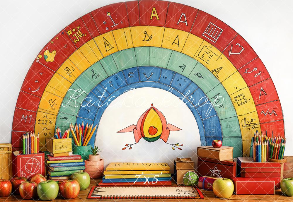 Kate Retour à l'école Arc-en-ciel Crayons Pommes Toile de fond conçue par Emetselch - Kate Backdrop FR