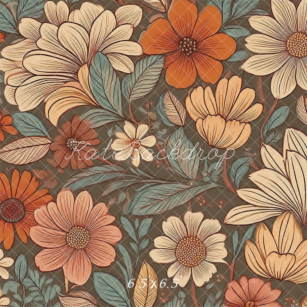Kate Fleurs Rétro Corail Sarcelle Ivoire Toile de fond conçue par Mandy Ringe - Kate Backdrop FR