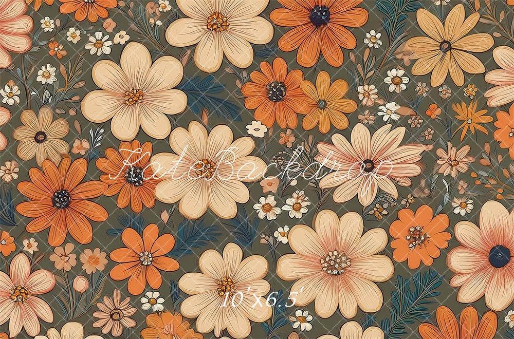 Kate Fleurs Rétro Bleu sarcelle Orange Ivoire Toile de fond conçue par Mandy Ringe - Kate Backdrop FR