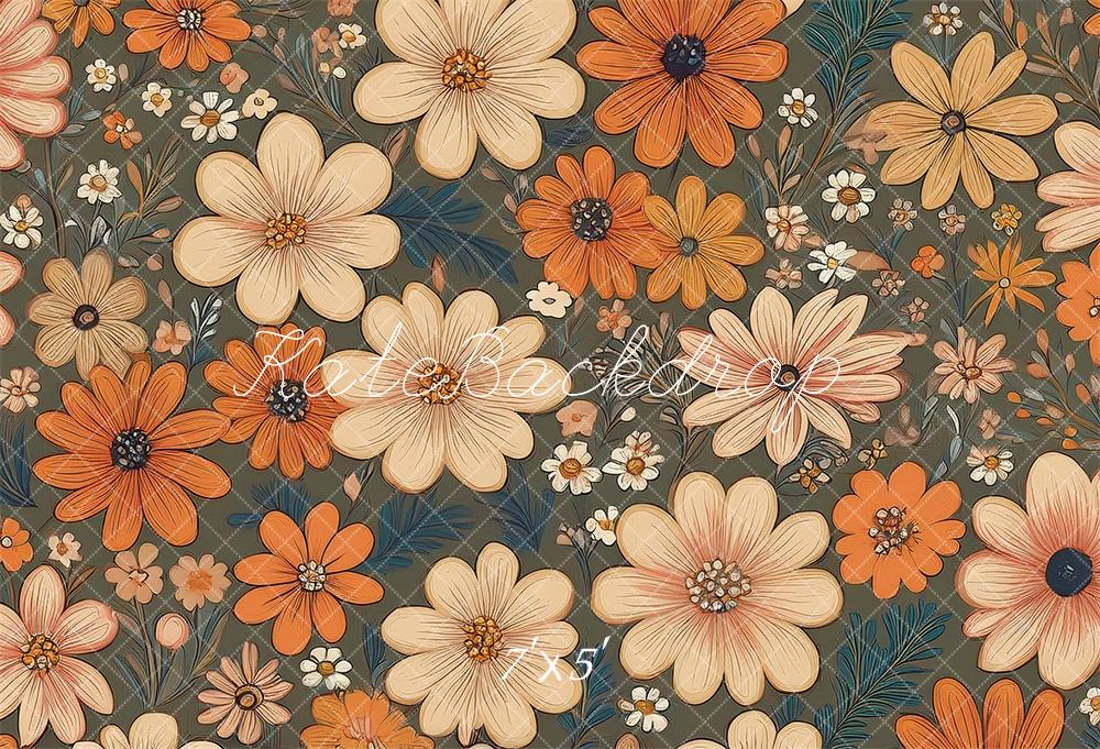 Kate Fleurs Rétro Bleu sarcelle Orange Ivoire Toile de fond conçue par Mandy Ringe - Kate Backdrop FR