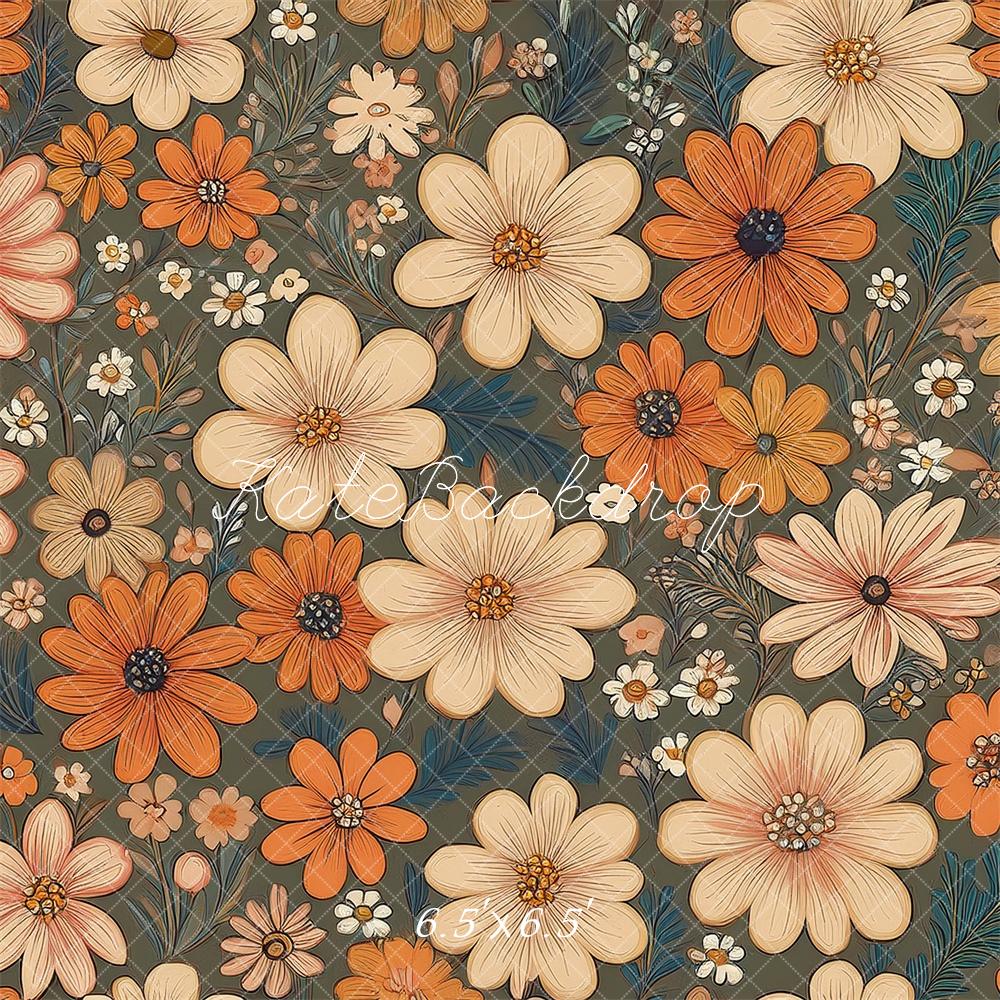 Kate Fleurs Rétro Bleu sarcelle Orange Ivoire Toile de fond conçue par Mandy Ringe - Kate Backdrop FR