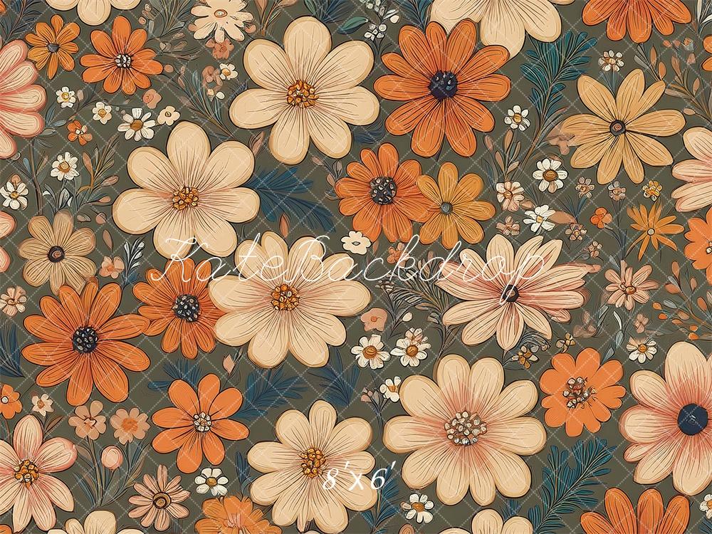 Kate Fleurs Rétro Bleu sarcelle Orange Ivoire Toile de fond conçue par Mandy Ringe - Kate Backdrop FR