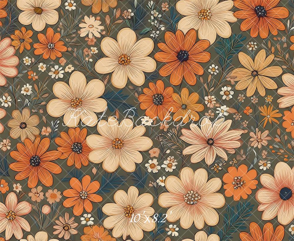 Kate Fleurs Rétro Bleu sarcelle Orange Ivoire Toile de fond conçue par Mandy Ringe - Kate Backdrop FR