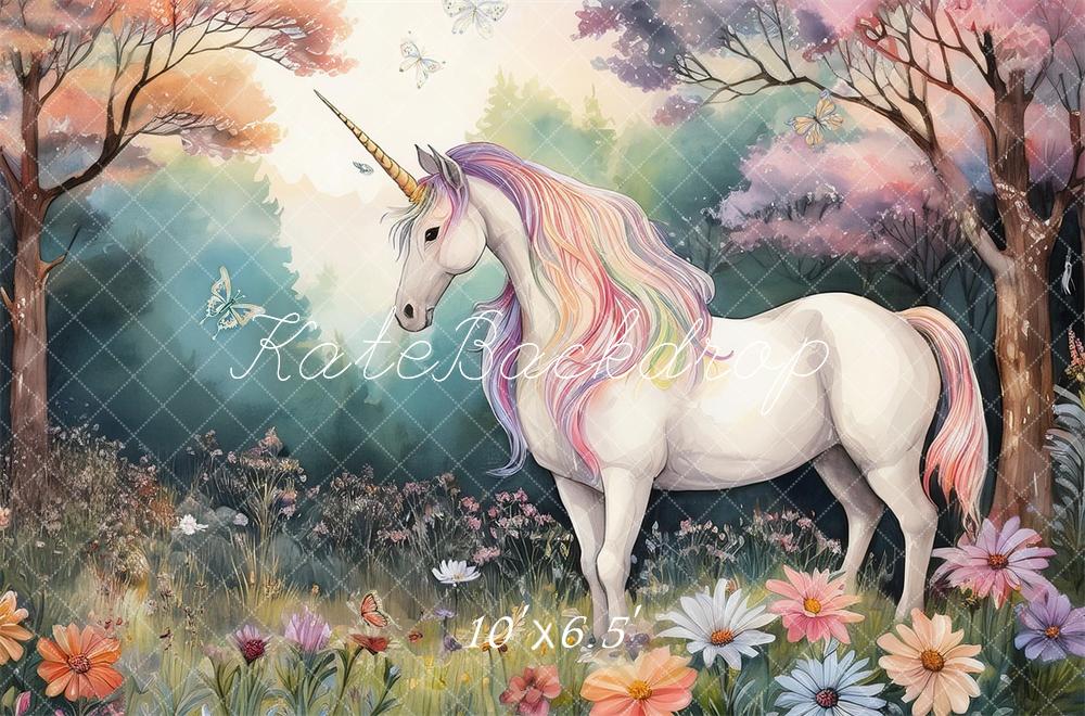 Kate Licorne Forêt Pastel Floral Enfant Toile de fond conçue par Mandy Ringe - Kate Backdrop FR
