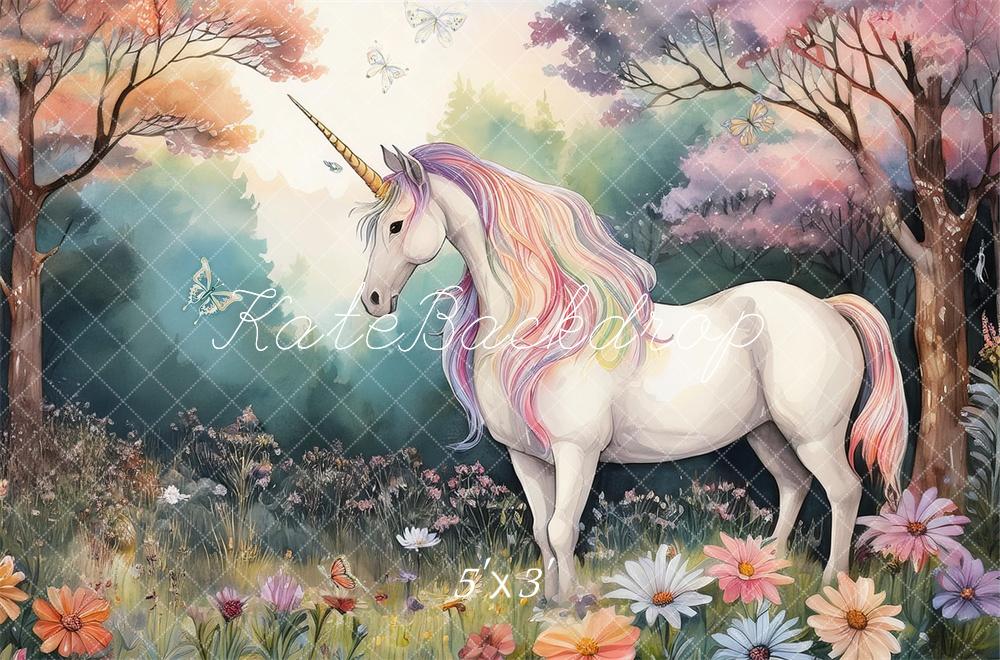 Kate Licorne Forêt Pastel Floral Enfant Toile de fond conçue par Mandy Ringe - Kate Backdrop FR