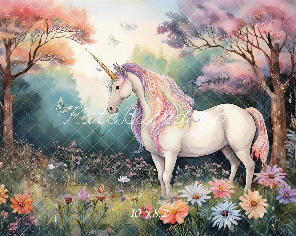 Kate Licorne Forêt Pastel Floral Enfant Toile de fond conçue par Mandy Ringe - Kate Backdrop FR