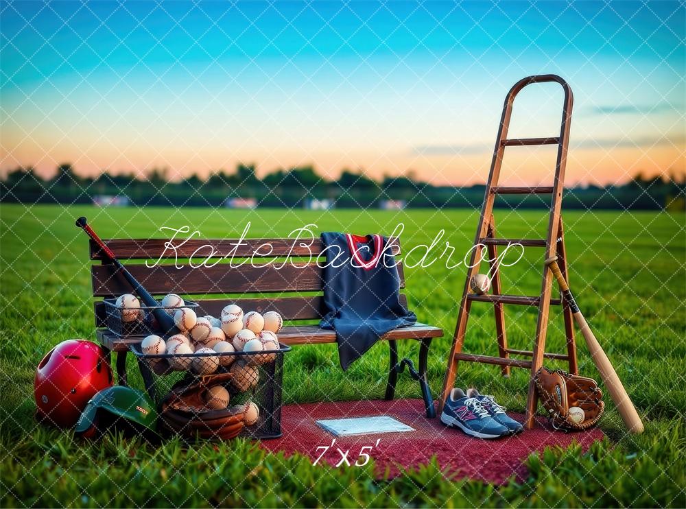 Kate Sport Terrain de Baseball Banc Échelle Toile de fond conçue par Laura Bybee - Kate Backdrop FR