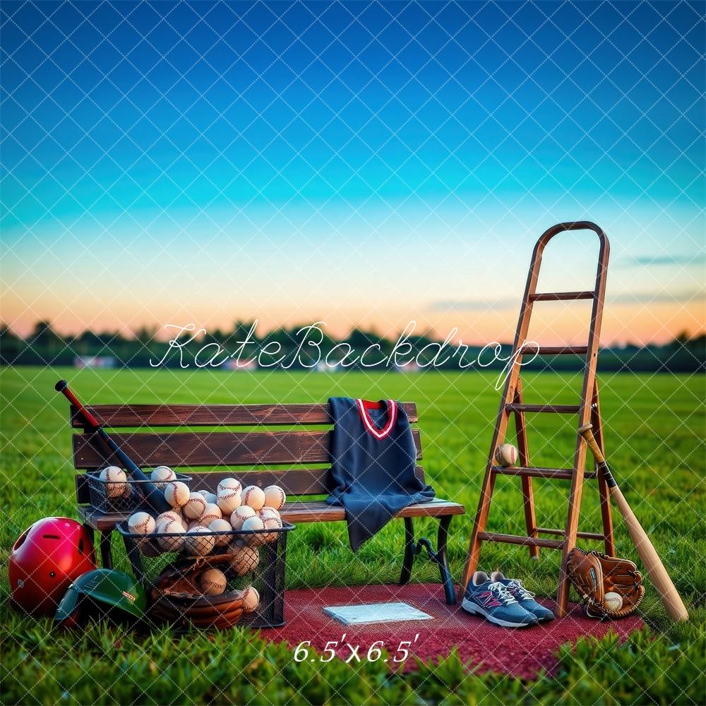 Kate Sport Terrain de Baseball Banc Échelle Toile de fond conçue par Laura Bybee - Kate Backdrop FR