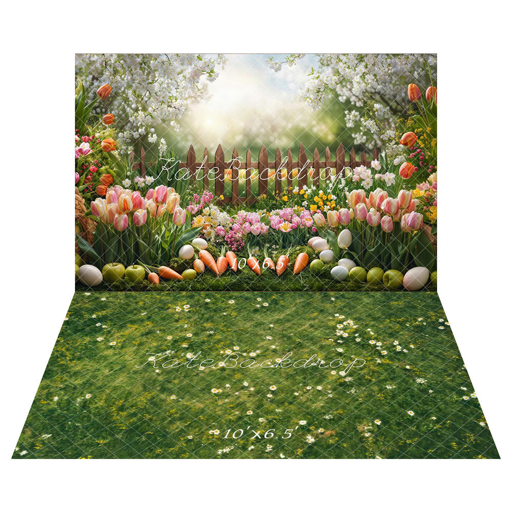 Kate Pâques Jardin Fleurs Carottes Clôture Toile de fond+Printemps Herbe Fleurs Sol Toile de fond - Kate Backdrop FR