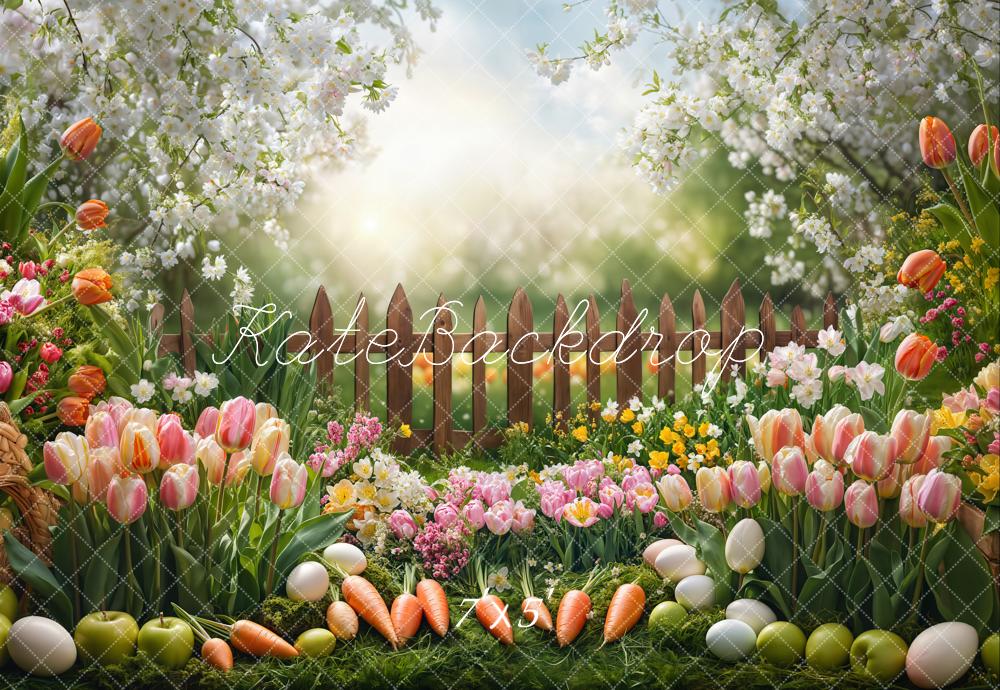 Kate Pâques Jardin Fleurs Carottes Clôture Toile de fond conçue par Emetselch - Kate Backdrop FR