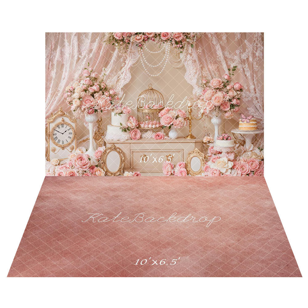 Kate Fleurs Rose Mariage Rideaux Élégant Toile de fond+Dégradé Rose Sol Toile de fond - Kate Backdrop FR