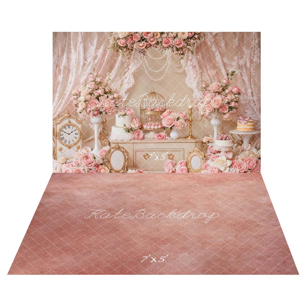 Kate Fleurs Rose Mariage Rideaux Élégant Toile de fond+Dégradé Rose Sol Toile de fond - Kate Backdrop FR