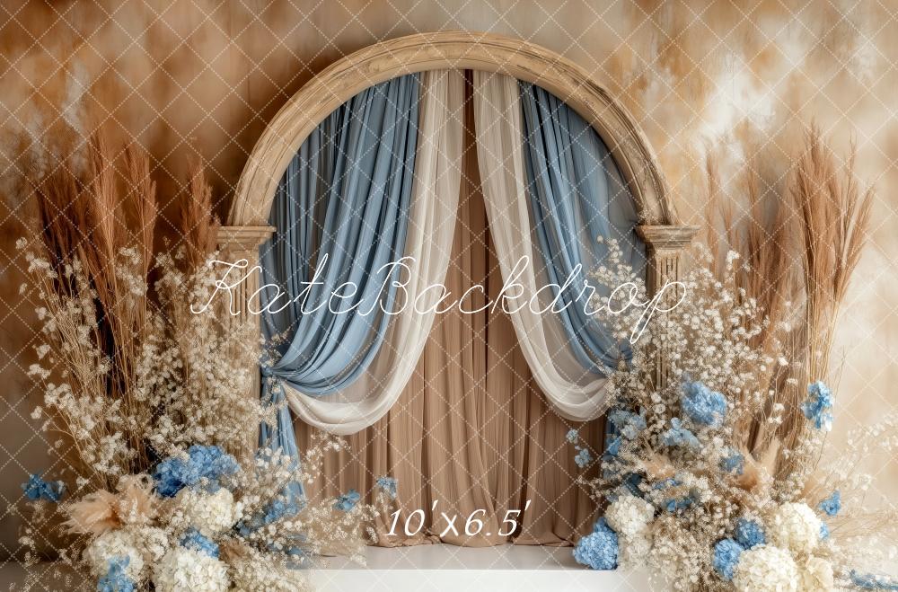 Kate Rideaux Arche Élégant Bohème Bleu Beige Toile de fond conçue par Patty Roberts - Kate Backdrop FR
