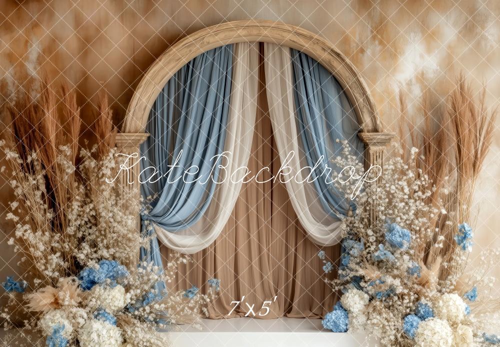 Kate Rideaux Arche Élégant Bohème Bleu Beige Toile de fond conçue par Patty Roberts - Kate Backdrop FR