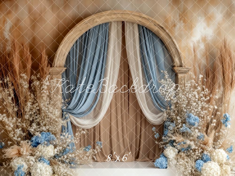 Kate Rideaux Arche Élégant Bohème Bleu Beige Toile de fond conçue par Patty Roberts - Kate Backdrop FR
