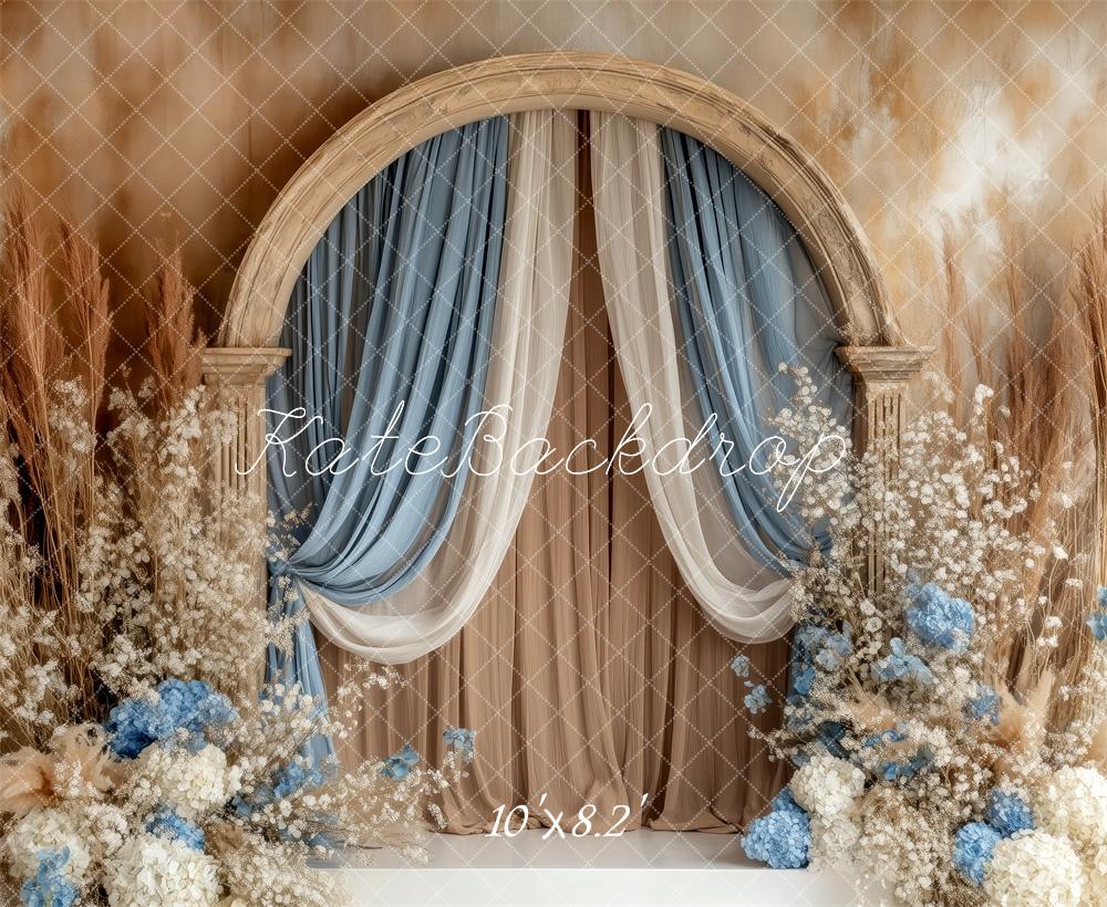 Kate Rideaux Arche Élégant Bohème Bleu Beige Toile de fond conçue par Patty Roberts - Kate Backdrop FR