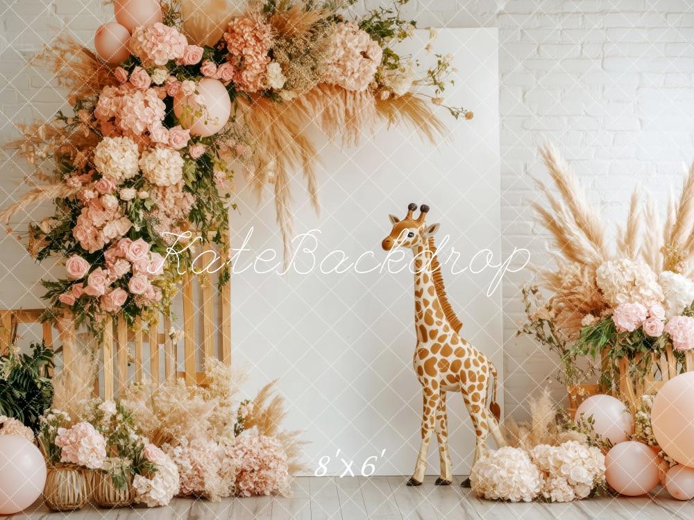 Kate Anniversaire Fleur Ballon Girafe Toile de fond conçue par Patty Roberts - Kate Backdrop FR