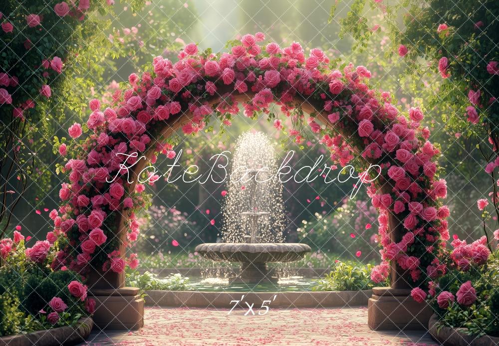 Kate Arche Roses Fontaine Jardin Printemps Toile de fond conçue par Patty Roberts - Kate Backdrop FR