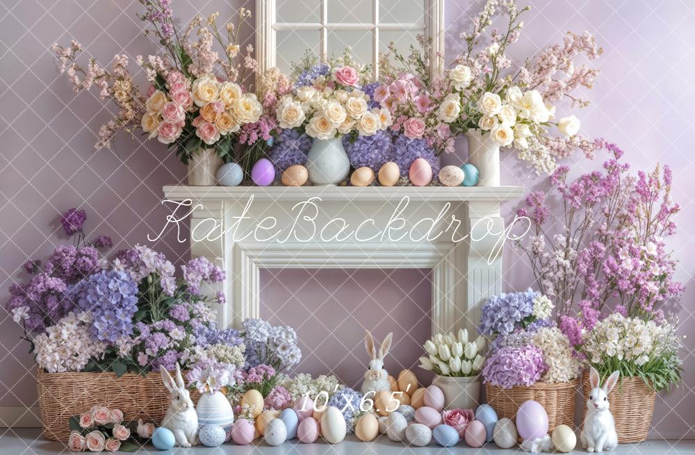 Kate Pâques Lapin Œufs Fleurs Cheminée Violet Toile de fond conçue par Emetselch - Kate Backdrop FR