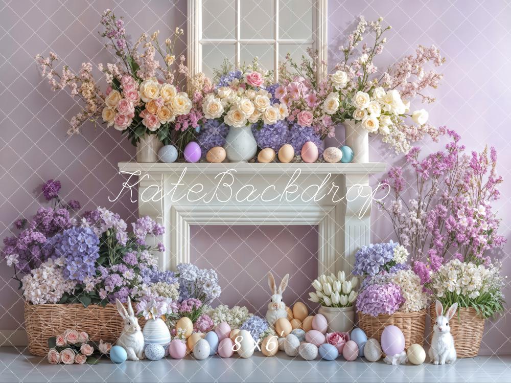 Kate Pâques Lapin Œufs Fleurs Cheminée Violet Toile de fond conçue par Emetselch - Kate Backdrop FR