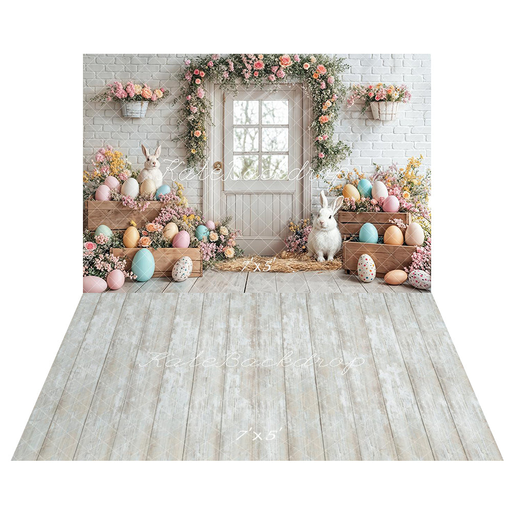 Kate Pâques Lapin Œufs Fleurs Porte Blanc Toile de fond+Vintage Bois Blanc Sol Toile de fond - Kate Backdrop FR