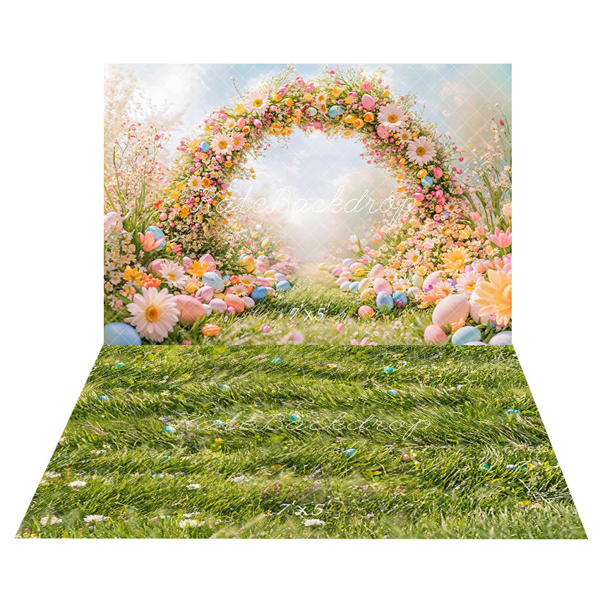 Kate Pâques Printemps Œuf Fleur Arche Toile de fond+Pâques Œuf Vert Prairie Sol Toile de fond - Kate Backdrop FR