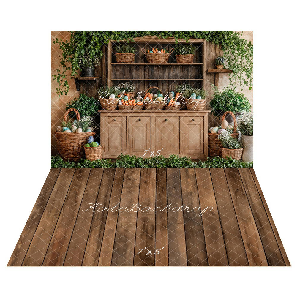 Kate Pâques Panier Bois Armoire Brun Toile de fond+Marron Vieux Parquet Sol Toile de fond - Kate Backdrop FR