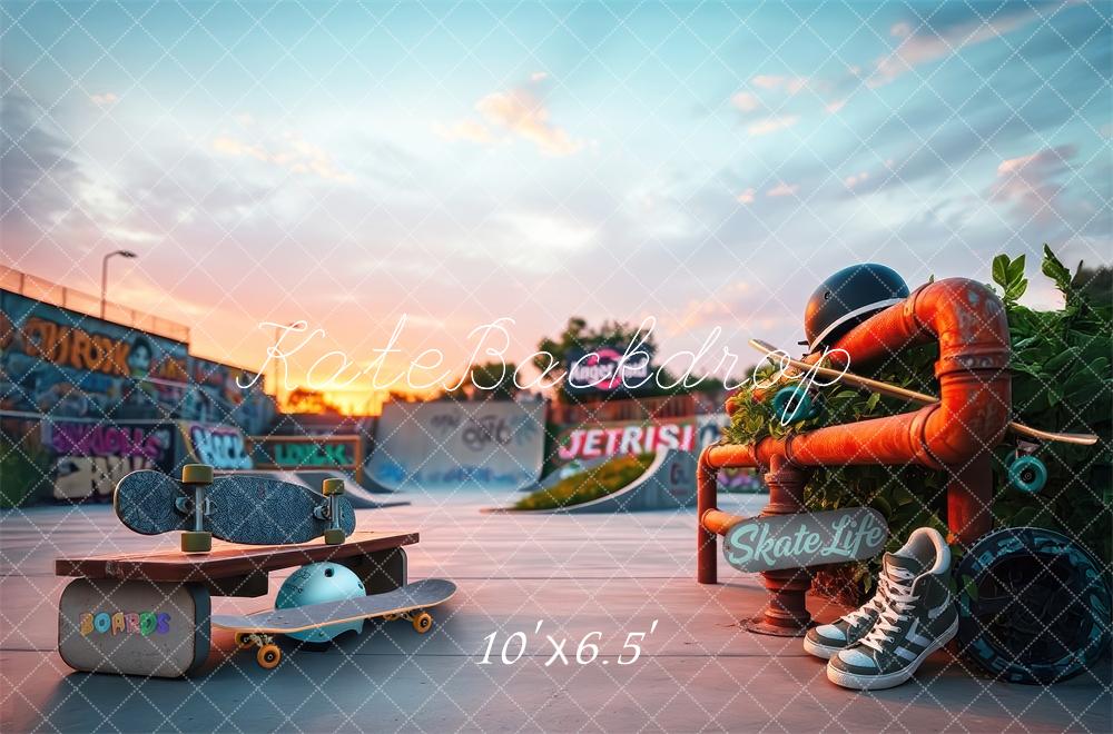 Kate Sports Skate Parc Graffiti Coucher de soleil Toile de fond conçue par Laura Bybee - Kate Backdrop FR