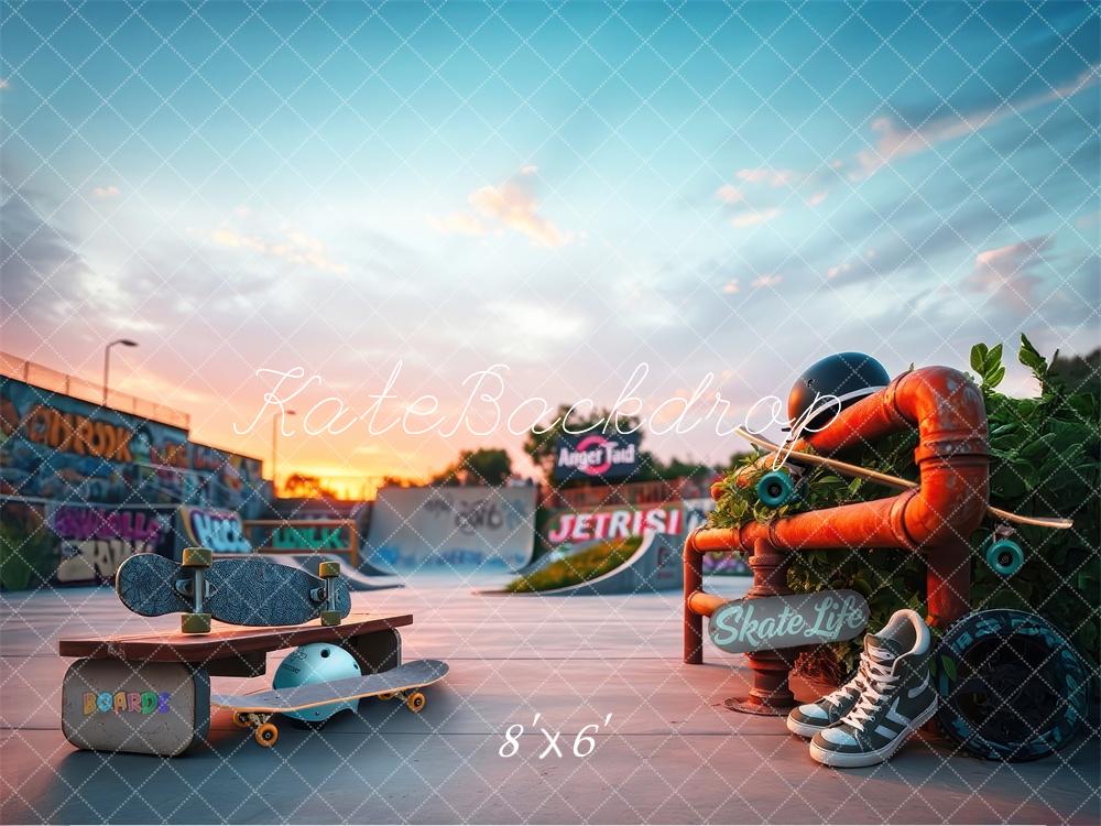 Kate Sports Skate Parc Graffiti Coucher de soleil Toile de fond conçue par Laura Bybee - Kate Backdrop FR