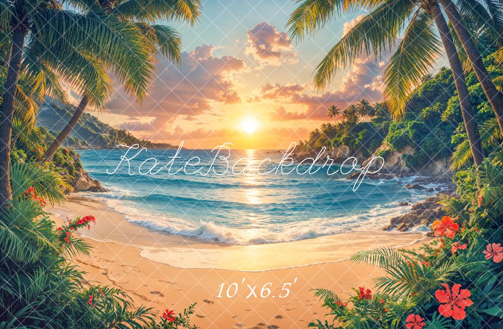 Kate Plage Coucher de soleil Fleurs Tropical Toile de fond conçue par Emetselch - Kate Backdrop FR