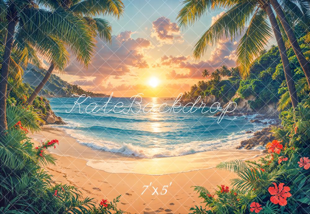 Kate Plage Coucher de soleil Fleurs Tropical Toile de fond conçue par Emetselch - Kate Backdrop FR