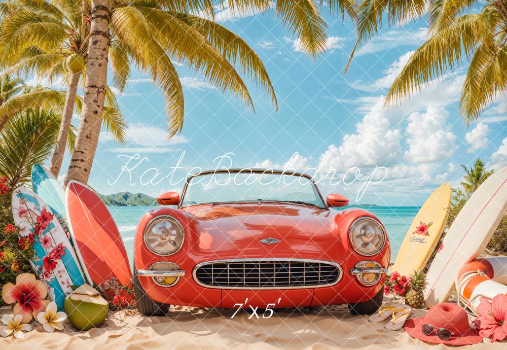 Kate Été Plage Voiture Rouge Surf Toile de fond conçue par Emetselch - Kate Backdrop FR