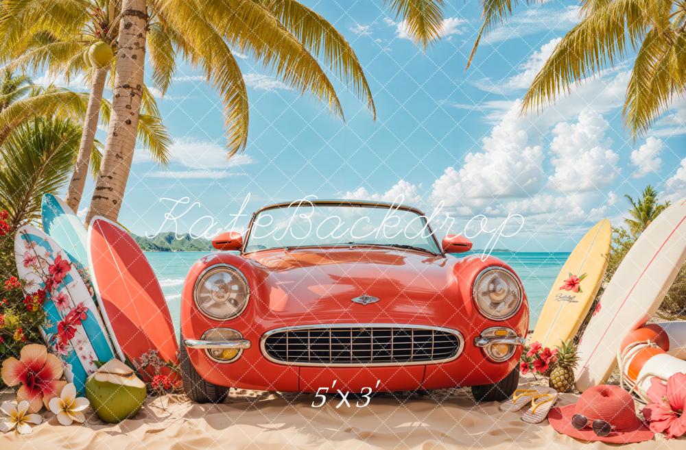 Kate Été Plage Voiture Rouge Surf Toile de fond conçue par Emetselch - Kate Backdrop FR