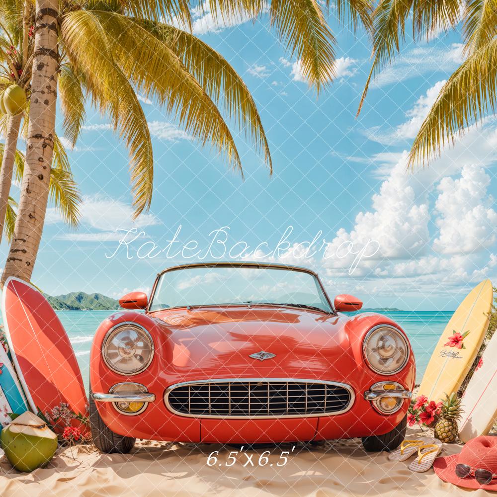 Kate Été Plage Voiture Rouge Surf Toile de fond conçue par Emetselch - Kate Backdrop FR