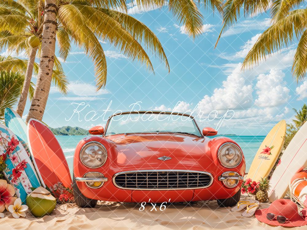 Kate Été Plage Voiture Rouge Surf Toile de fond conçue par Emetselch - Kate Backdrop FR