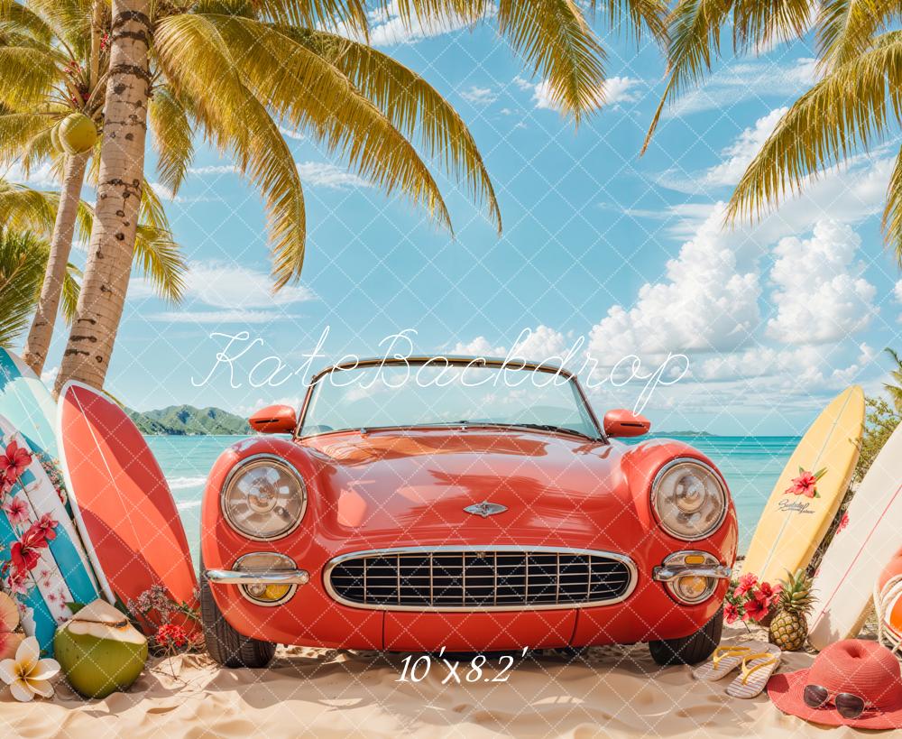 Kate Été Plage Voiture Rouge Surf Toile de fond conçue par Emetselch - Kate Backdrop FR