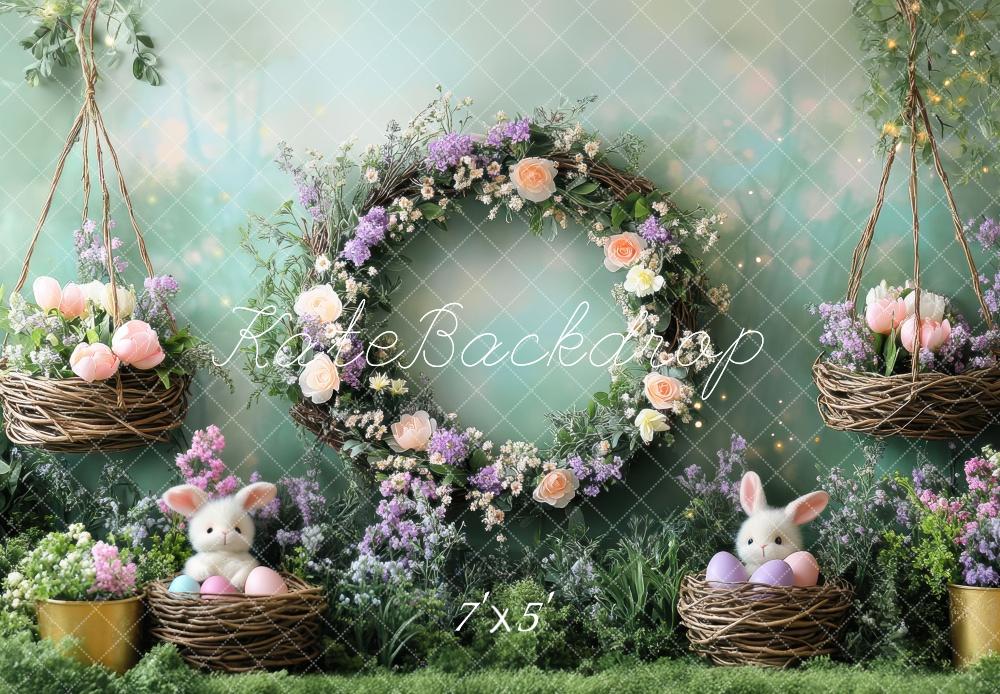 Kate Pâques Lapin Fleurs Mousse Vert Toile de fond conçue par Mini MakeBelieve - Kate Backdrop FR