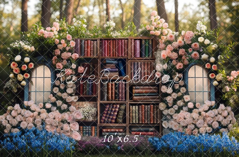 Kate Printemps Bibliothèque Étagères Fleurs Toile de fond conçue par Mini MakeBelieve - Kate Backdrop FR