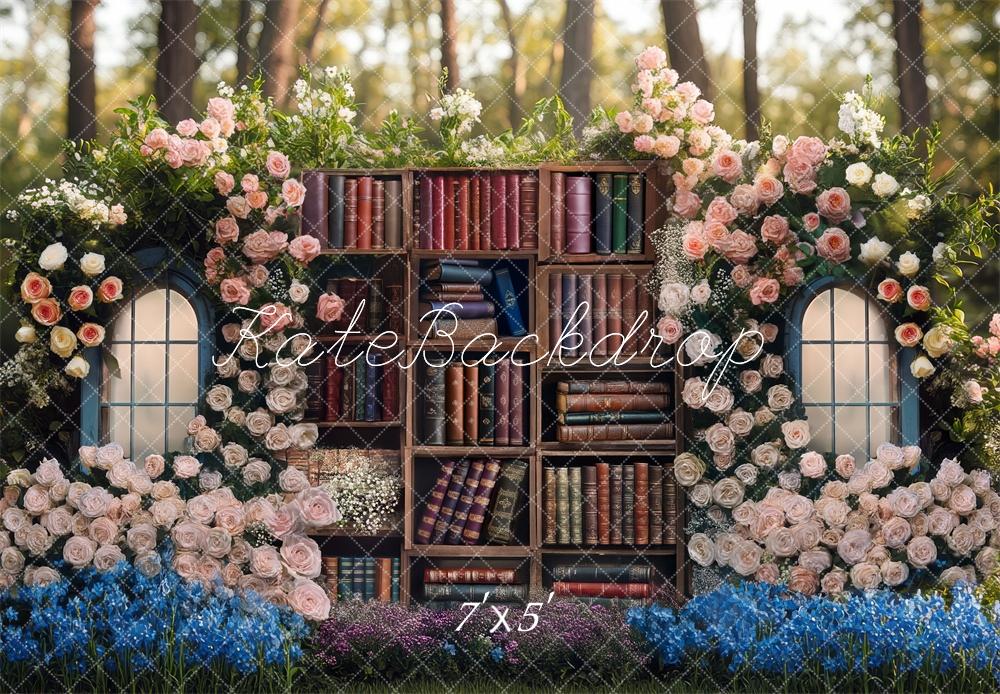 Kate Printemps Bibliothèque Étagères Fleurs Toile de fond conçue par Mini MakeBelieve - Kate Backdrop FR