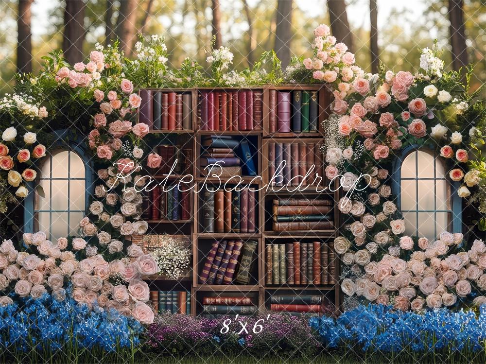 Kate Printemps Bibliothèque Étagères Fleurs Toile de fond conçue par Mini MakeBelieve - Kate Backdrop FR