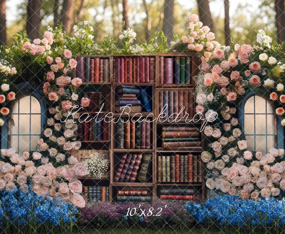 Kate Printemps Bibliothèque Étagères Fleurs Toile de fond conçue par Mini MakeBelieve - Kate Backdrop FR