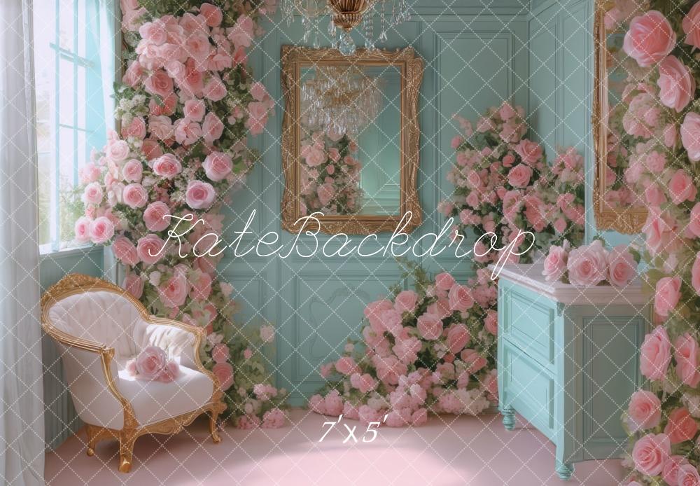 Kate Chambre Bleu Vintage Roses Miroir Toile de fond conçue par Mini MakeBelieve - Kate Backdrop FR