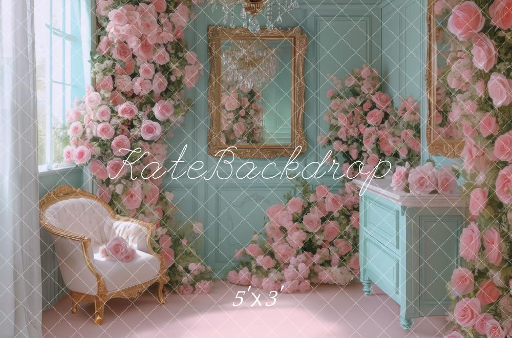 Kate Chambre Bleu Vintage Roses Miroir Toile de fond conçue par Mini MakeBelieve - Kate Backdrop FR