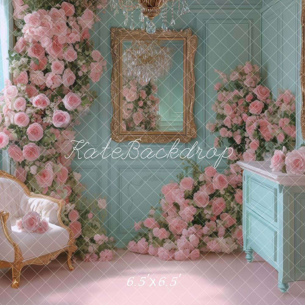 Kate Chambre Bleu Vintage Roses Miroir Toile de fond conçue par Mini MakeBelieve - Kate Backdrop FR