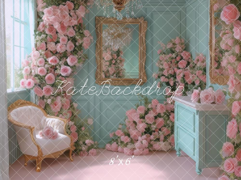 Kate Chambre Bleu Vintage Roses Miroir Toile de fond conçue par Mini MakeBelieve - Kate Backdrop FR