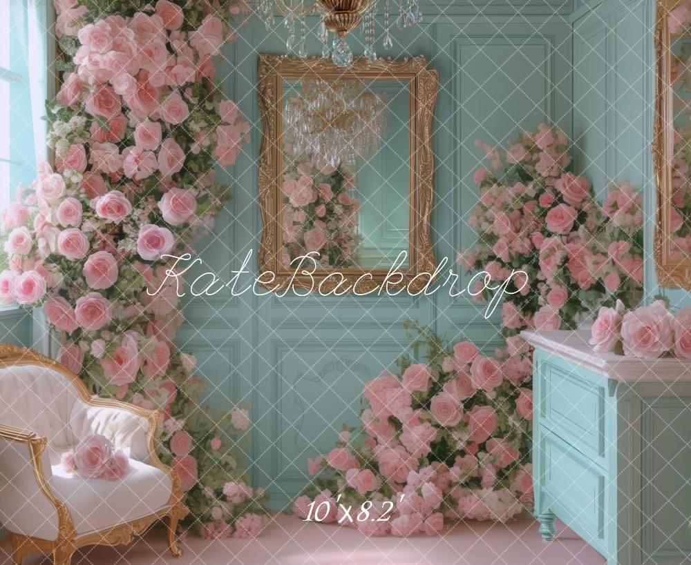 Kate Chambre Bleu Vintage Roses Miroir Toile de fond conçue par Mini MakeBelieve - Kate Backdrop FR