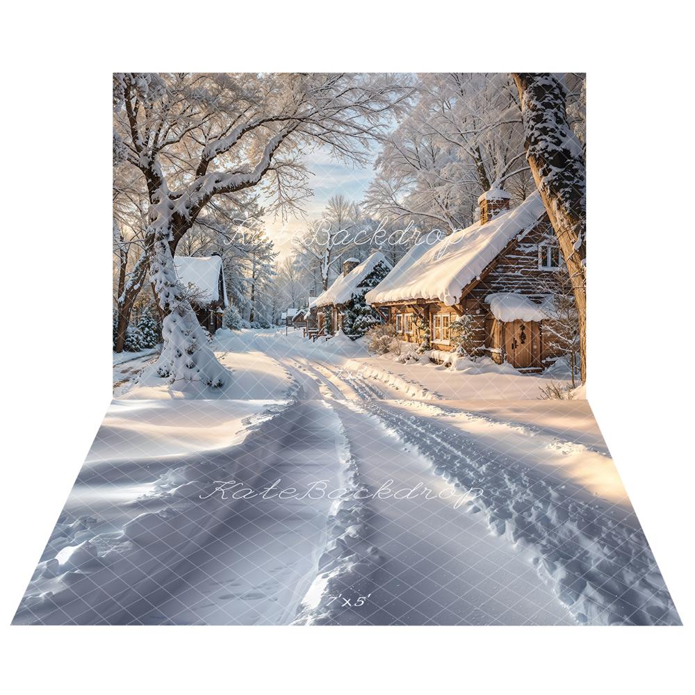 Kate Hiver Neige Village Arbres Toile de fond+Neige Route Traces de pneus Sol Toile de fond