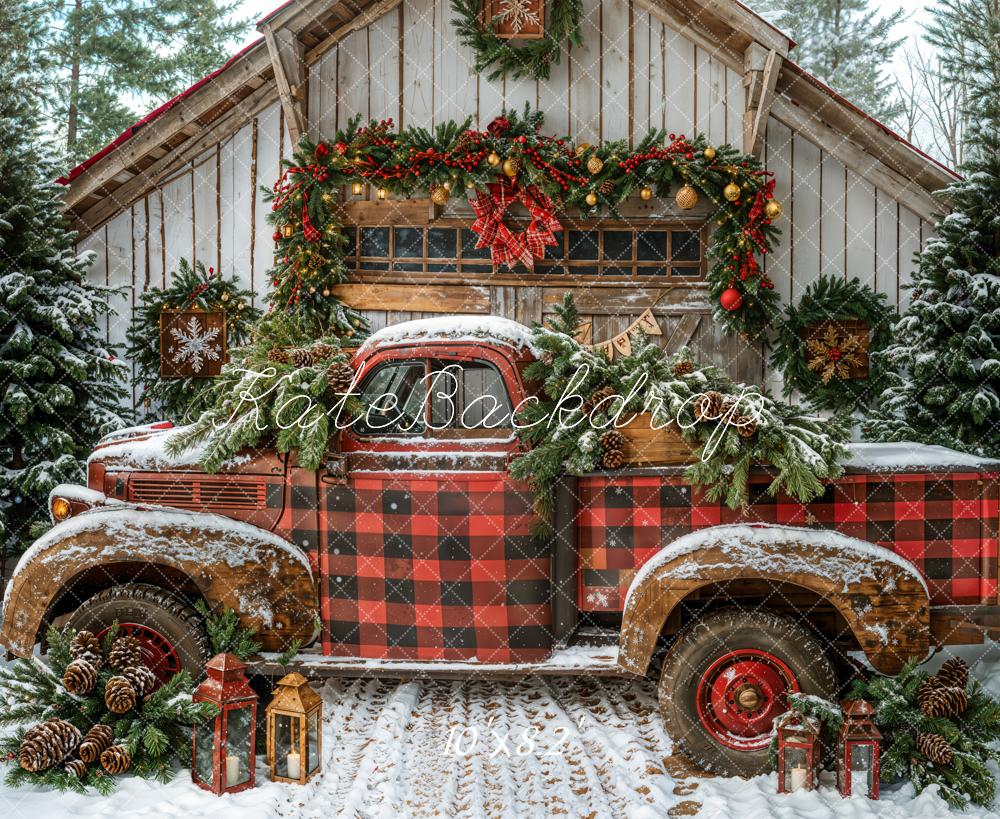Kate Noël Camion Rouge Cabane Neige Toile de fond conçue par Emetselch - Kate Backdrop FR