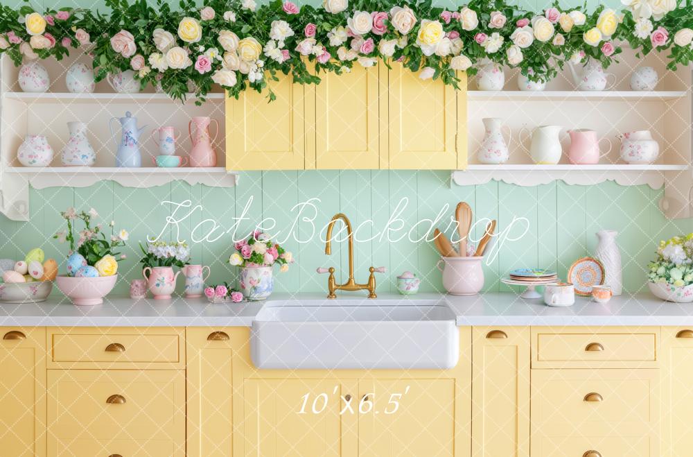 Kate Cuisine Vintage Fleurs Vaisselle Toile de fond conçue par Patty Roberts - Kate Backdrop FR